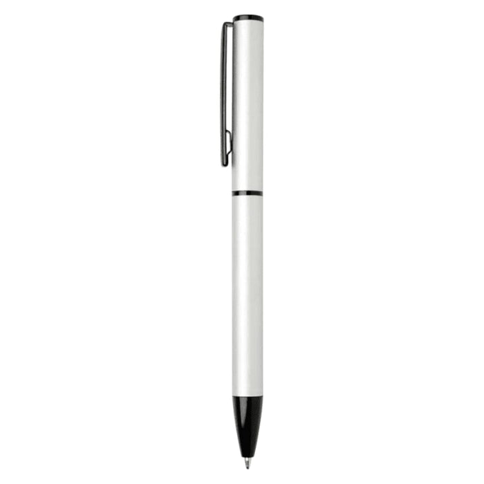 Verton Recycled Aluminium Twist Ballpoint Pen - A white and black recycled aluminium twist ballpoint pen with a clip and branding.