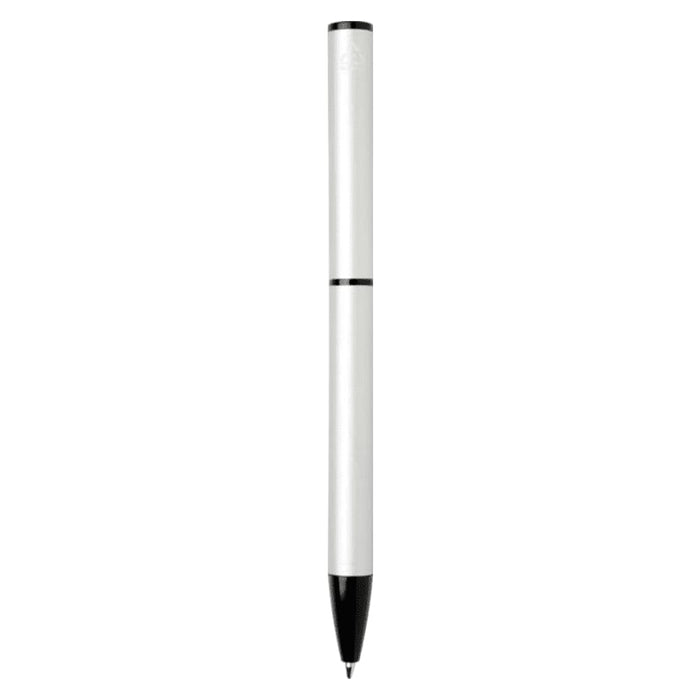 Verton Recycled Aluminium Twist Ballpoint Pen - A white and black recycled aluminium twist ballpoint pen with a sleek design and a logo on the body.
