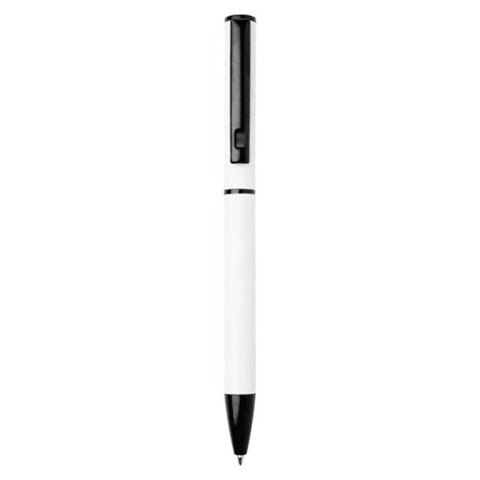 Verton Recycled Aluminium Twist Ballpoint Pen - A white ballpoint pen with a black clip and tip, featuring a simple, sleek design and a logo.