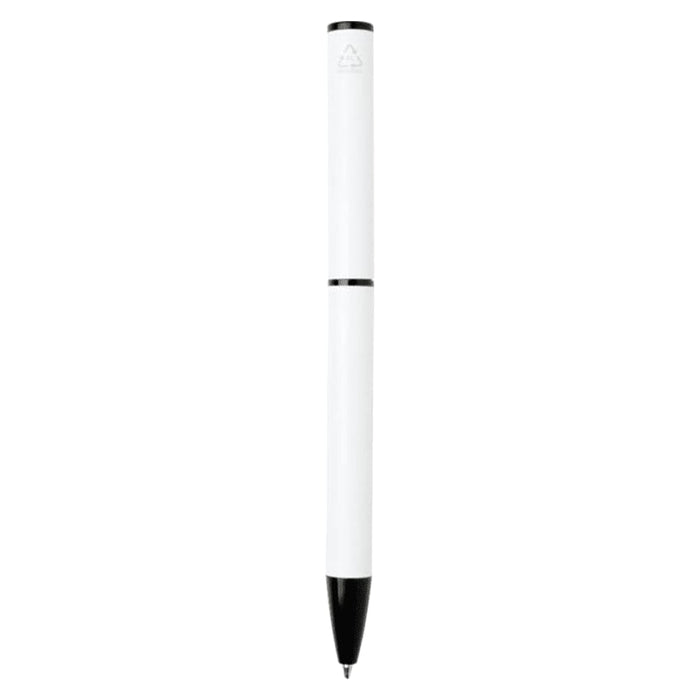 Verton Recycled Aluminium Twist Ballpoint Pen - A white ballpoint pen with a black tip and a logo on its body. It features a twist mechanism for opening and closing.