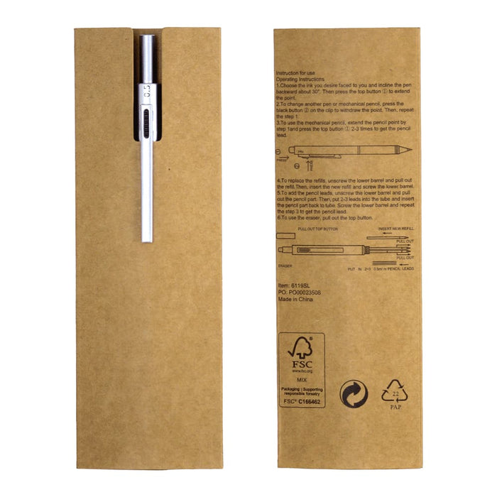 Tine 4-in-1 Gravity Recycled Stainless Steel Pen - A stainless steel pen in a brown packaging, featuring a sleek design and a logo on the cardboard.