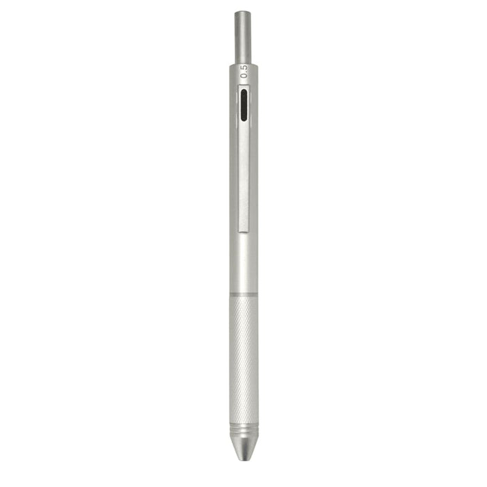 Tine 4-in-1 Gravity Recycled Stainless Steel Pen - A silver recycled stainless steel pen featuring a sleek design and a logo. It includes a stylus tip and various functions.