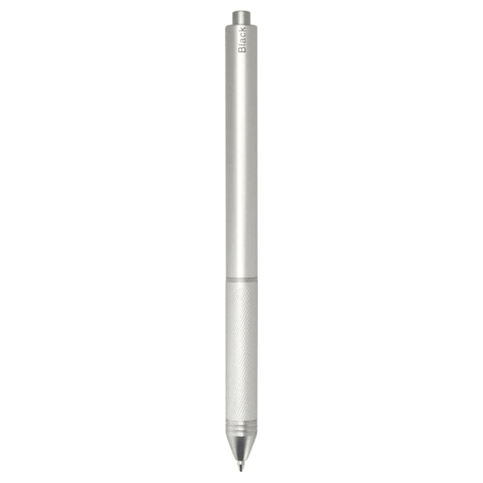 Tine 4-in-1 Gravity Recycled Stainless Steel Pen - A silver recycled stainless steel pen with a sleek design and a textured grip, featuring a logo.