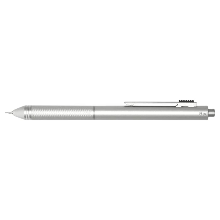 Tine 4-in-1 Gravity Recycled Stainless Steel Pen - A silver stainless steel pen featuring a sleek design, with a clip and a textured grip, along with a logo.