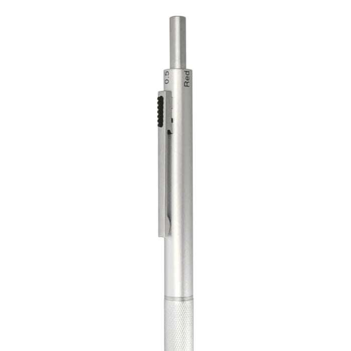 Tine 4-in-1 Gravity Recycled Stainless Steel Pen - A silver 4-in-1 gravity pen with multiple writing options and a clip, featuring a logo.
