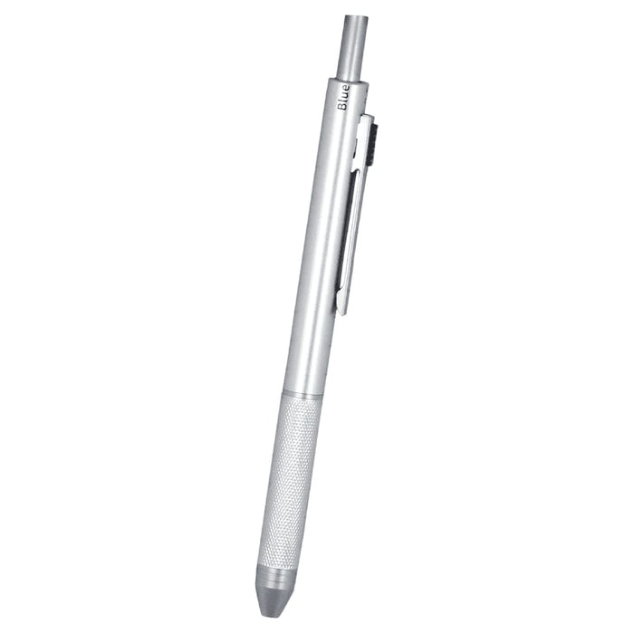 Tine 4-in-1 Gravity Recycled Stainless Steel Pen - A silver recycled stainless steel pen with a textured grip and a clip, featuring a logo.