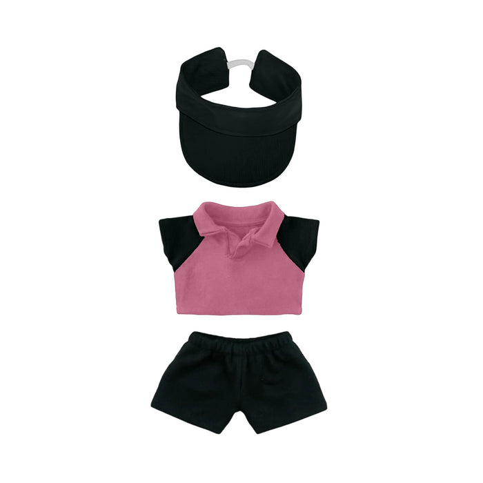 Plush Doll Racing Suit Set (15–17cm Doll) - A pink and black racing suit set including a top, shorts, and a black visor for 15–17cm dolls.