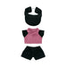 Plush Doll Racing Suit Set (15–17cm Doll) - A pink and black racing suit set including a top, shorts, and a black visor for 15–17cm dolls.