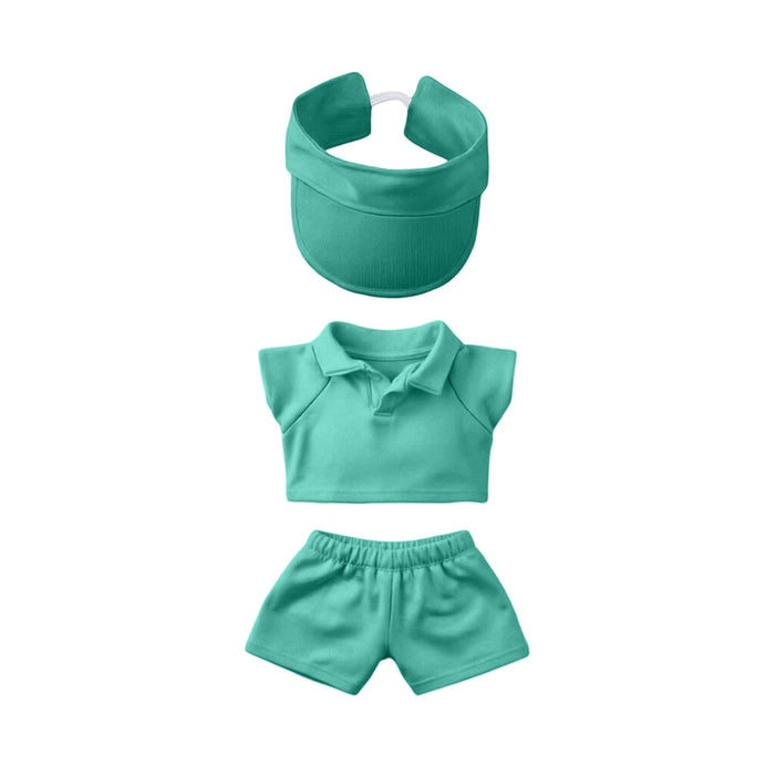 Plush Doll Racing Suit Set (15–17cm Doll) - A turquoise racing suit set for 15–17cm dolls, featuring a visor, polo shirt, and shorts. It includes a logo.