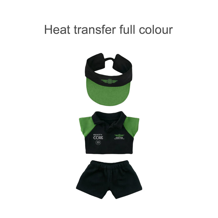 Plush Doll Racing Suit Set (15–17cm Doll) - A plush doll racing suit set in black and green, including a cap, polo shirt, and shorts. Features a logo.