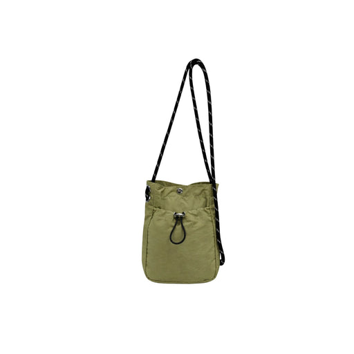 Lightweight Shoulder Phone Bag - A lightweight shoulder bag in olive green with a black adjustable strap and a drawstring closure.