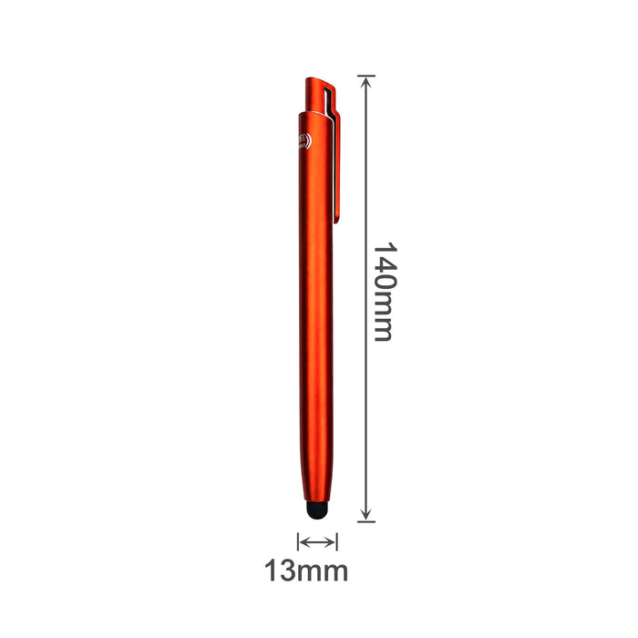 NFC Touchscreen Ballpoint Pen - An orange ballpoint pen with a touchscreen stylus tip, featuring a clip and dimensions of 140mm by 13mm.
