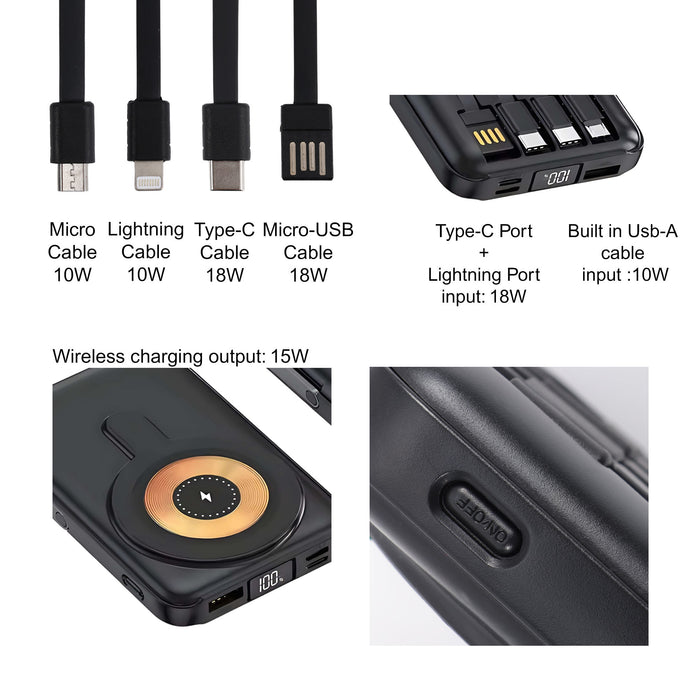 10000mAh 6 in 1 Magnetic Wireless  Power Bank - A black 10000mAh power bank with various charging ports and cables, featuring a wireless charging pad.