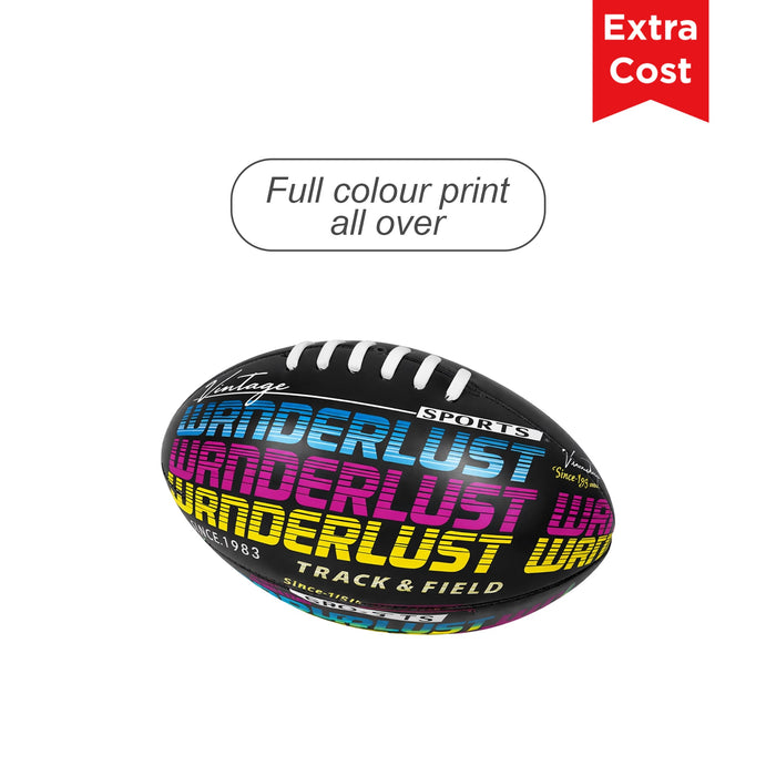 Mini Promotional Aussie Rules Ball - A mini promotional Aussie Rules ball in black with vibrant, full-colour print featuring various text and a logo.