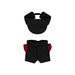 Plush Doll Racing Suit Set (10cm Doll) - A black racing suit set for a 10cm plush doll, featuring a matching cap and shorts with red accents.