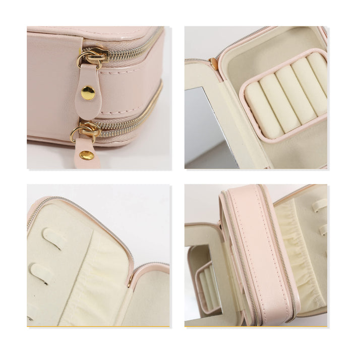 Fashion PU Leather Jewellery Case with Mirror - A pink PU leather jewellery case featuring a mirror, zip closure, and multiple compartments for organised storage.