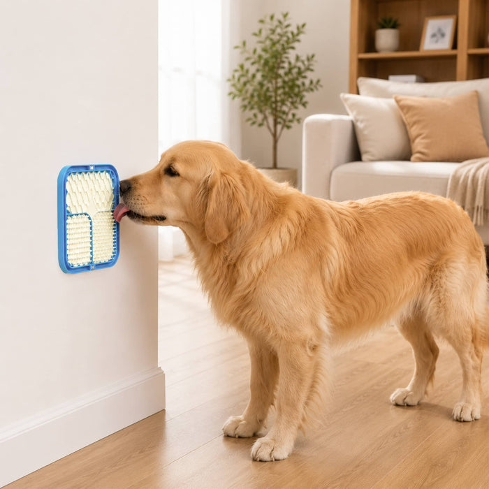 3-Section Dog Enrichment Lick Mat - A golden retriever interacting with a blue, textured 3-section lick mat on a wall in a bright, modern interior.