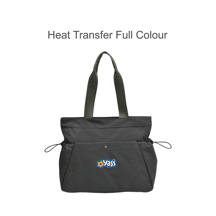 Lightweight Tote Bag With Yoga Mat Straps - A grey tote bag with green straps, featuring a logo, side pockets, and yoga mat straps.