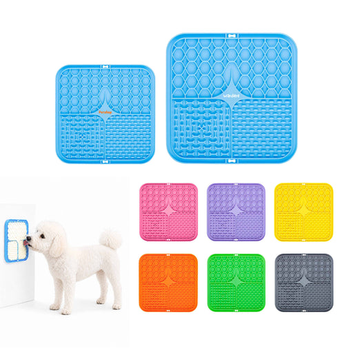 3-Section Dog Enrichment Lick Mat - A blue, square dog enrichment lick mat with three textured sections, surrounded by colourful mats in pink, purple, yellow, and grey.