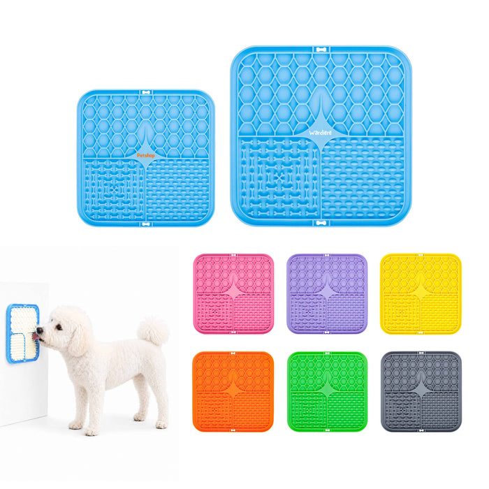 3-Section Dog Enrichment Lick Mat - A blue, square dog enrichment lick mat with three textured sections, surrounded by colourful mats in pink, purple, yellow, and grey.
