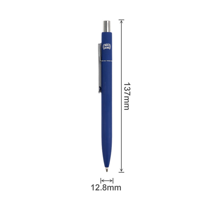 NFC Metal Ballpoint Pen - A blue metal ballpoint pen with a silver clip, featuring an NFC logo and dimensions of 137mm by 12.8mm.