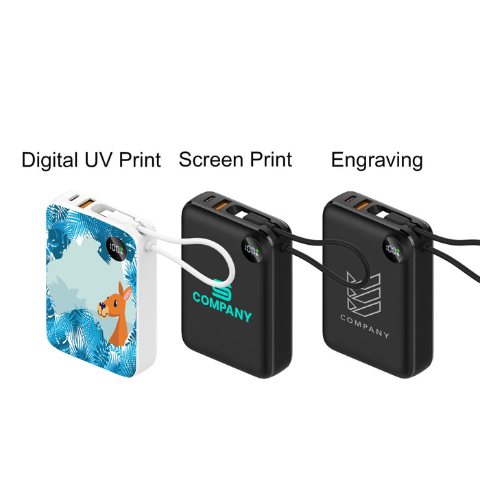 10000mAh Power Bank with Charging Cable - A 10,000mAh power bank in white with a design, and a black version featuring various print options and a logo.