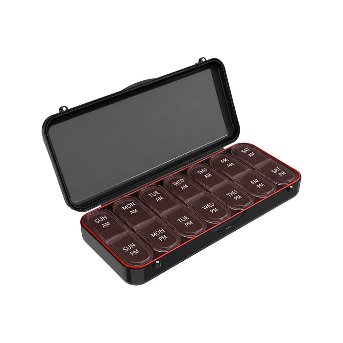 7 Day Pills Organizer - A 7-day pill organiser in black with compartments for each day of the week, featuring AM and PM sections.