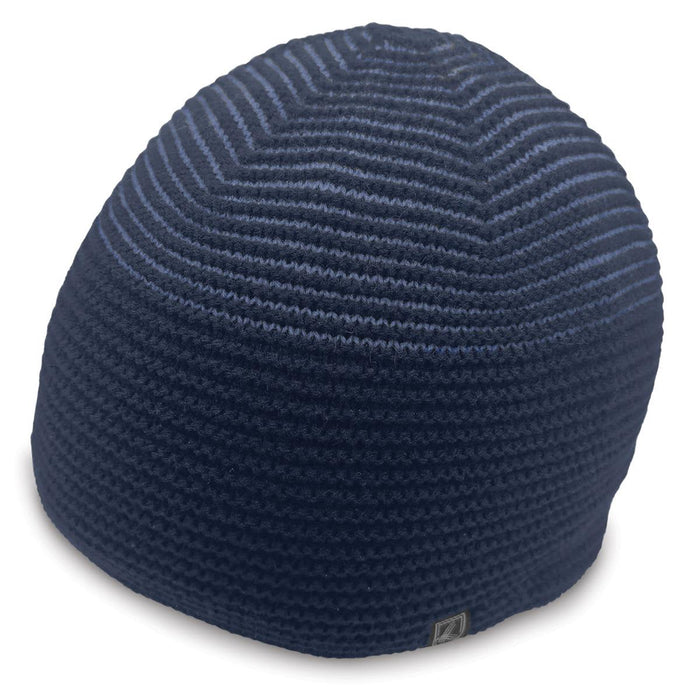 Ridge Beanie - A navy striped beanie with a logo, designed for headwear.