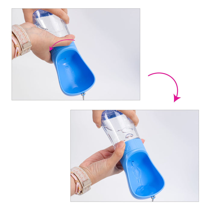 Pet Water Bottle with Food Container - A drink bottle with a blue basin and clear body, featuring a logo, designed for pets with a food container.