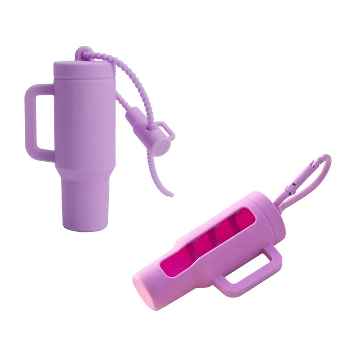 Lip Balm Holder Keychain - A purple lip balm holder keychain with a handle and a tether, featuring a clear window to display the balm inside.
