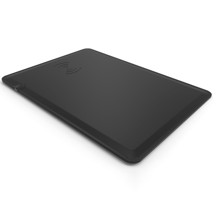 Wireless Charging Mouse Pad - A black wireless charging mouse pad with a logo and a sleek, slim design.