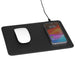 Wireless Charging Mouse Pad - A black wireless charging mouse pad with a white mouse and a smartphone on it, connected by a charging cable.
