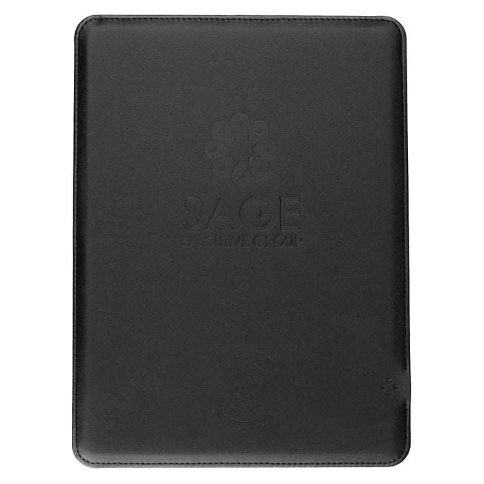 Wireless Charging Mouse Pad - A sleek black wireless charging mouse pad featuring a logo, designed for phone and technology use.