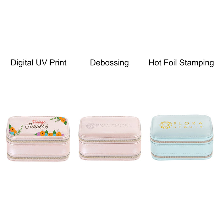 Fashion PU Leather Jewellery Case with Mirror - A collection of three jewellery cases in various pastel colours, featuring different decorative designs and finishes.