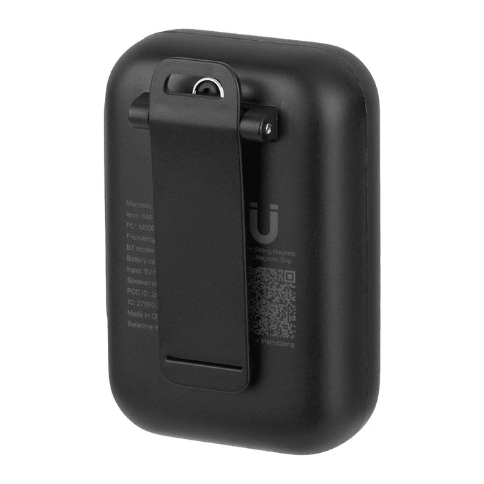Clip Tune Magnetic Outdoor Bluetooth Speaker - A black magnetic Bluetooth speaker with a clip on the back for easy attachment. The speaker also features a logo.