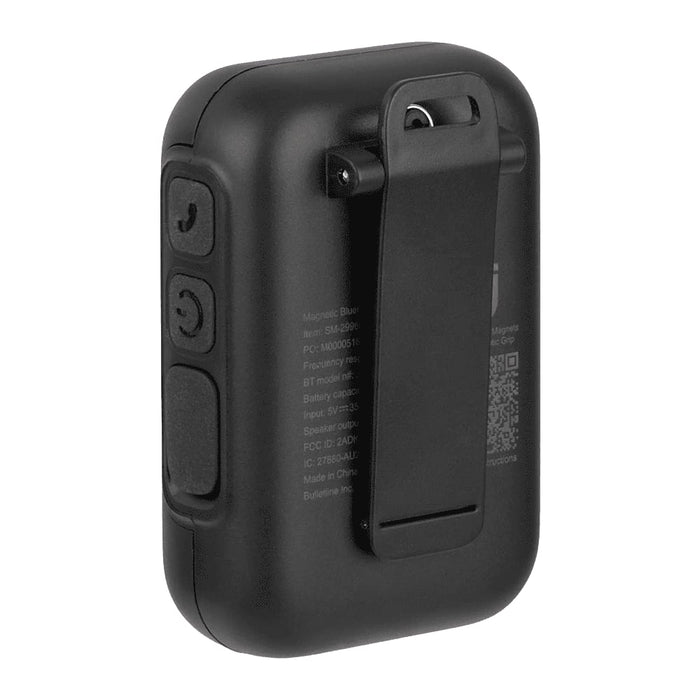 Clip Tune Magnetic Outdoor Bluetooth Speaker - A black Bluetooth speaker with a clip on the back and control buttons on the side, featuring a logo.