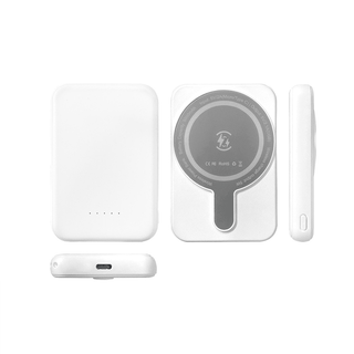 Magnetic Power Bank 5000 mAh - A white magnetic power bank with a circular charging area and a USB-C port, featuring a logo on the surface.