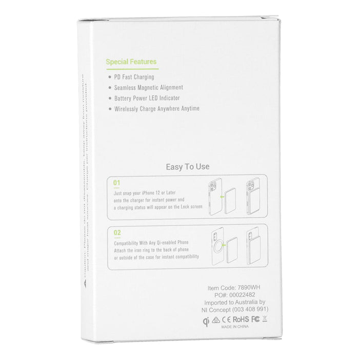 Magnetic Power Bank 5000 mAh - A white box containing the Magnetic Power Bank 5000 mAh, featuring fast charging and a battery level indicator.