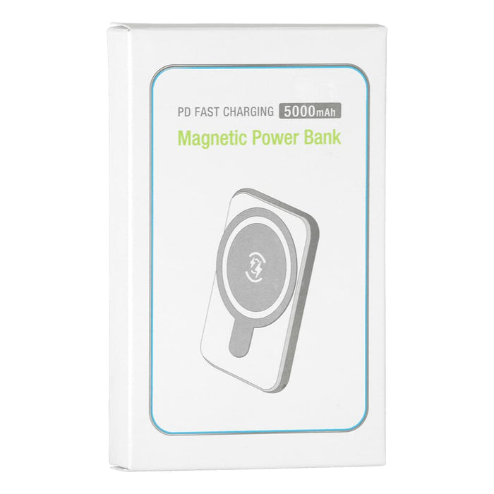 Magnetic Power Bank 5000 mAh - A white box containing a magnetic power bank, featuring a simple design and a basic illustration.