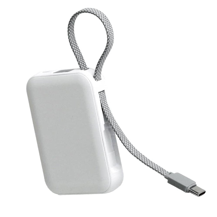 Orbit Magnetic Power Bank 5000mAh - A white power bank with a grey braided strap and a USB-C cable attached. It features a logo on the surface.
