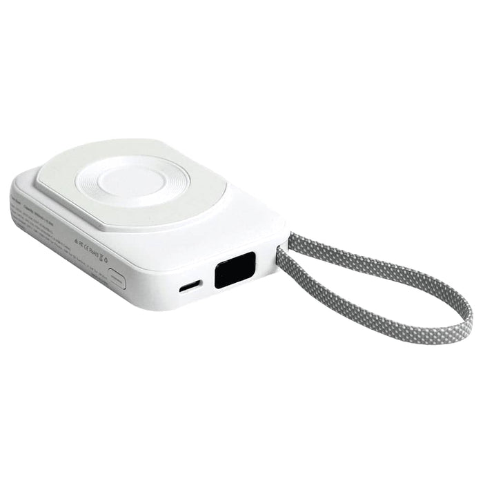 Orbit Magnetic Power Bank 5000mAh - A white Orbit Magnetic Power Bank with a grey strap, featuring a magnetic surface and USB port.