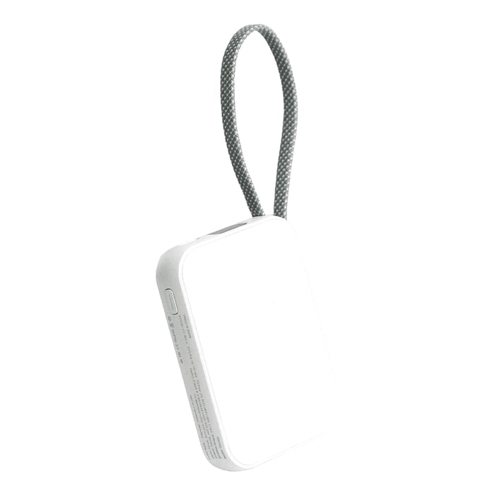 Orbit Magnetic Power Bank 5000mAh - A white power bank with a grey strap, featuring a logo and a compact design.