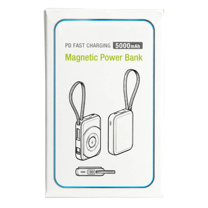 Orbit Magnetic Power Bank 5000mAh - A magnetic power bank with a 5000mAh capacity, featuring a strap and a design in white. Includes branding elements.