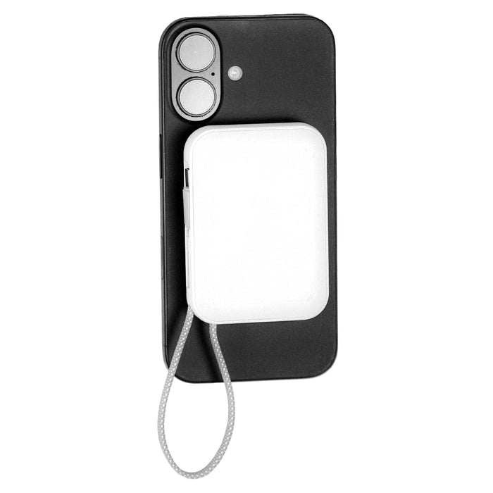 Orbit Magnetic Power Bank 5000mAh - A black smartphone with a white Orbit Magnetic Power Bank attached, featuring a grey strap for easy handling.