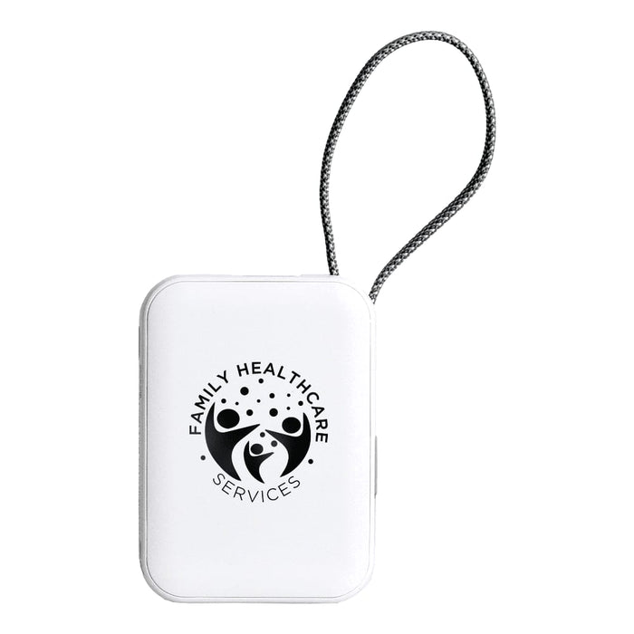 Orbit Magnetic Power Bank 5000mAh - A white magnetic power bank with a logo and a wrist strap for easy carrying.