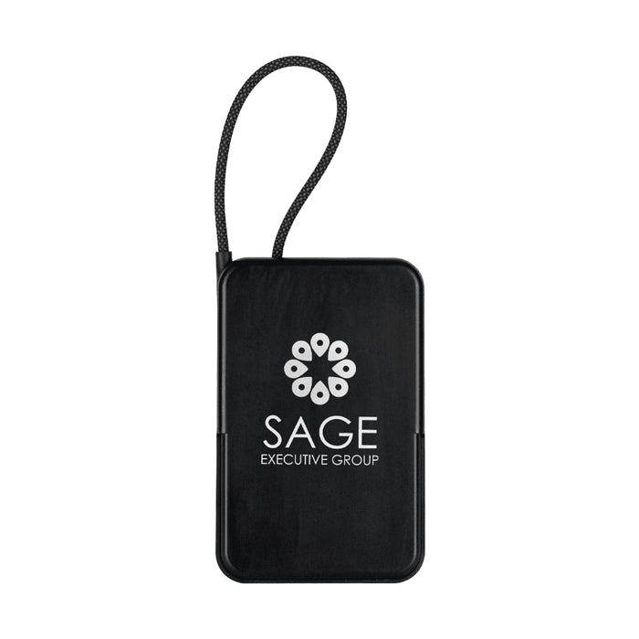 Eclipse Magnetic Power Bank 10000mAh - A black power bank with a textured surface and a braided strap, featuring a logo on the front.