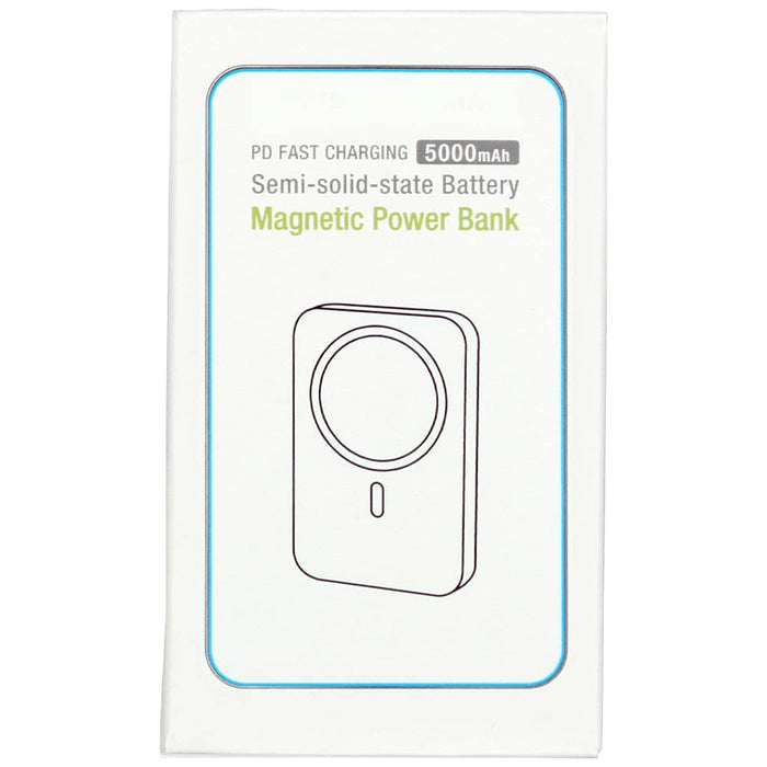 Quantum Pro Power Bank w/ Semi-Solid State Battery 5000mAh - A white packaging box featuring a magnetic power bank with a semi-solid state battery, illustrated design, and branding logo.