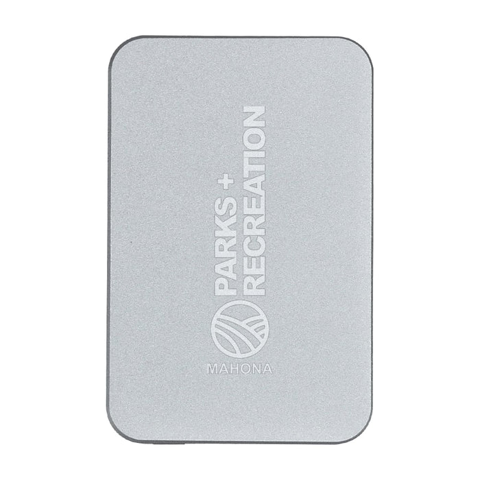 Quantum Pro Power Bank w/ Semi-Solid State Battery 5000mAh - A silver power bank with a minimalist design and a logo. It features rounded corners and a sleek finish.