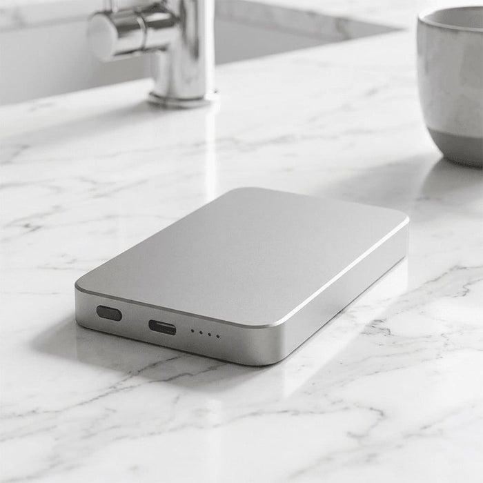 Quantum Pro Power Bank w/ Semi-Solid State Battery 5000mAh - A silver power bank with a sleek design, featuring USB ports, resting on a marble surface.