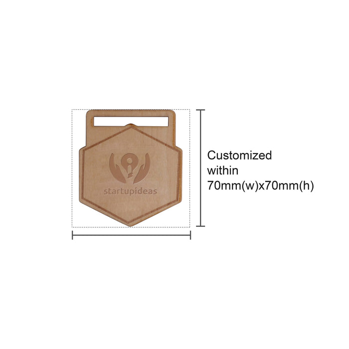 Custom Shaped Wooden Medal with RPET Lanyard - A custom-shaped wooden medal in natural wood colour with a bamboo lanyard and a logo.